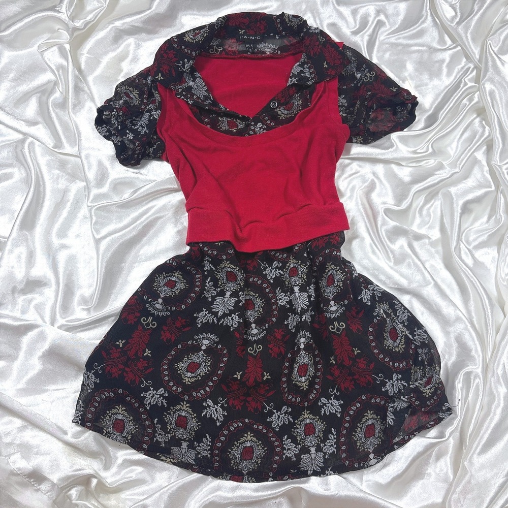 y2k Mini Dress Red Good FANG Paisley Layered Knit Chiffon Short Sleeve Boho